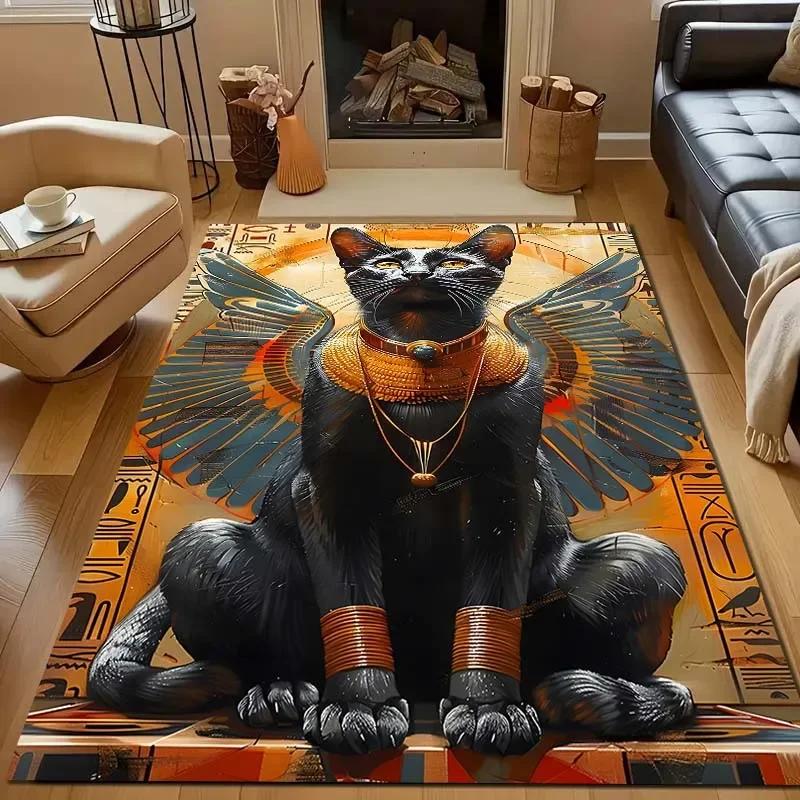New Shelves! Egyptian Mythology Black Cat Carpet, Living Room Bedroom Office Children's Room Rugs, Non-slip Machine Washable Mat