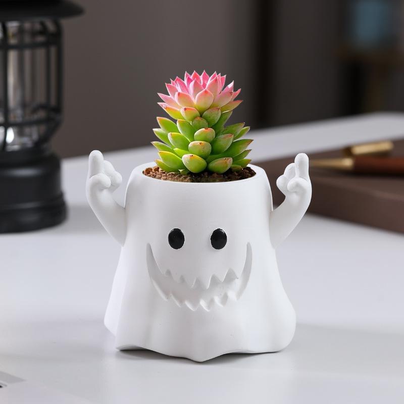 Resin Desktop Planter with Ghost Design Decorative Pot for Indoor Outdoor Use Unique Resin Sculpture Plant Holder for Home Office Desk