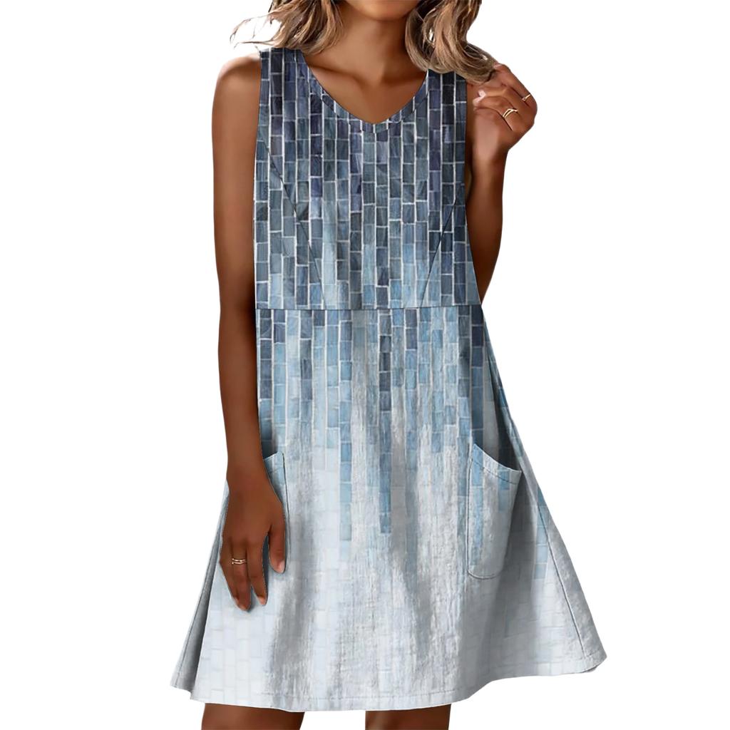 Summer Dresses For Women Loose Beach Vacation Casual Sleeveless V-neck  Sundresses With Pockets Tank Dress