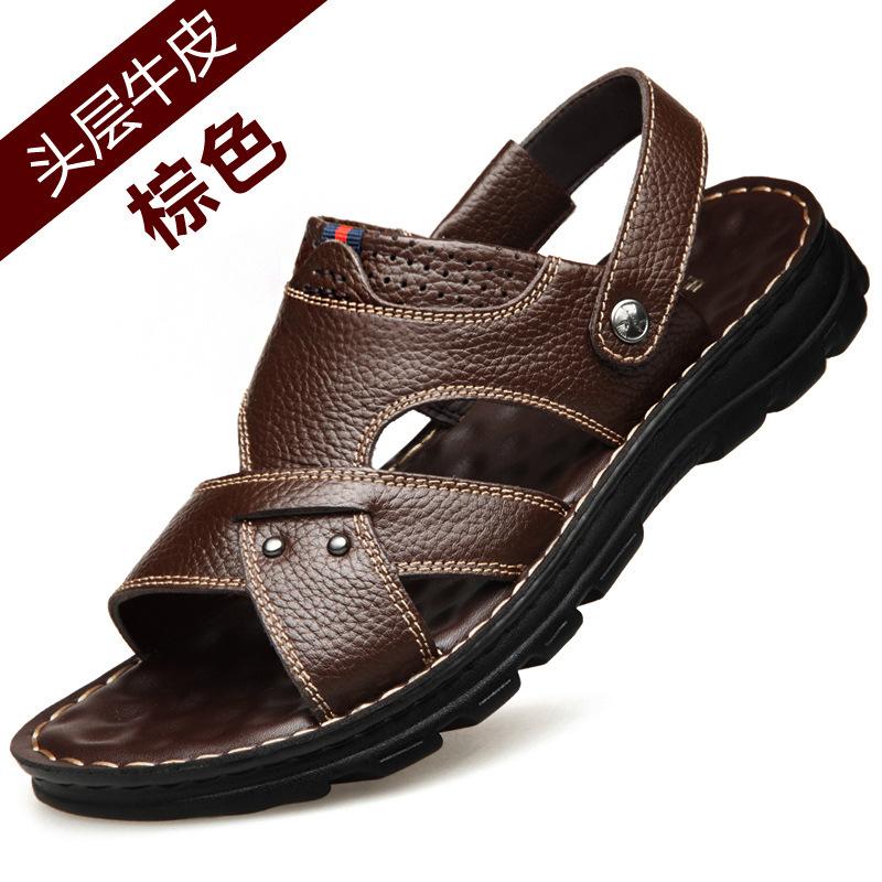 Sandals men's summer new slippers soft rubber sole trendy shoes first layer cowhide fashion leather casual beach shoes
