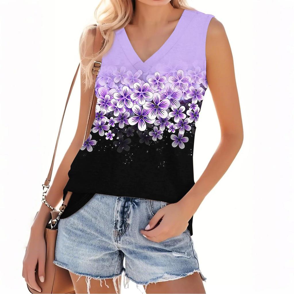 Dámský módní ležérní letní top bez rukávů s výstřihem do V a květinovým potiskem
