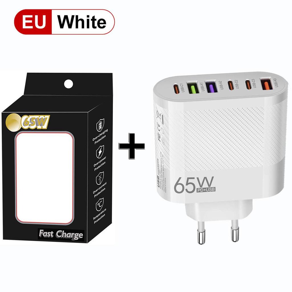 3.5A Multi-Port Charger with 3 Type-C & 3 USB Ports, Compatible with EU, US, UK Plugs
