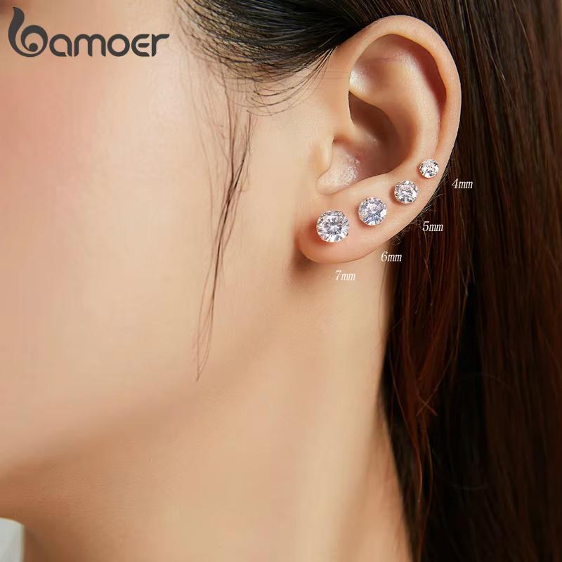 Bamoer CZ Stud Earrings 925 Silver Platinum Plated Round Cubic Zirconia Hypoallergenic Barbell Earrings 4-7mm