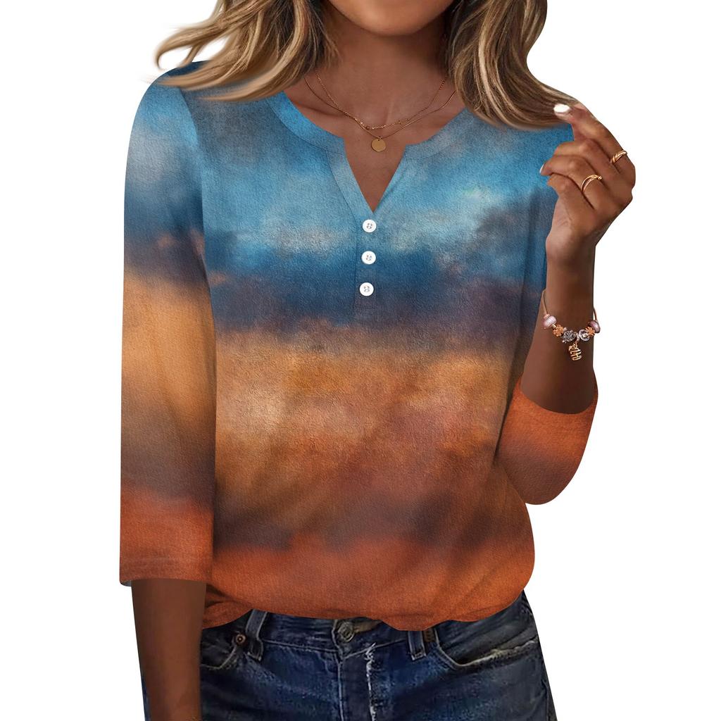 Damen T-Shirt mit Aufdruck, Knopfleiste, 3/4-Ärmel, für den Alltag, Wochenendmode, Basic, V-Ausschnitt, normales Oberteil