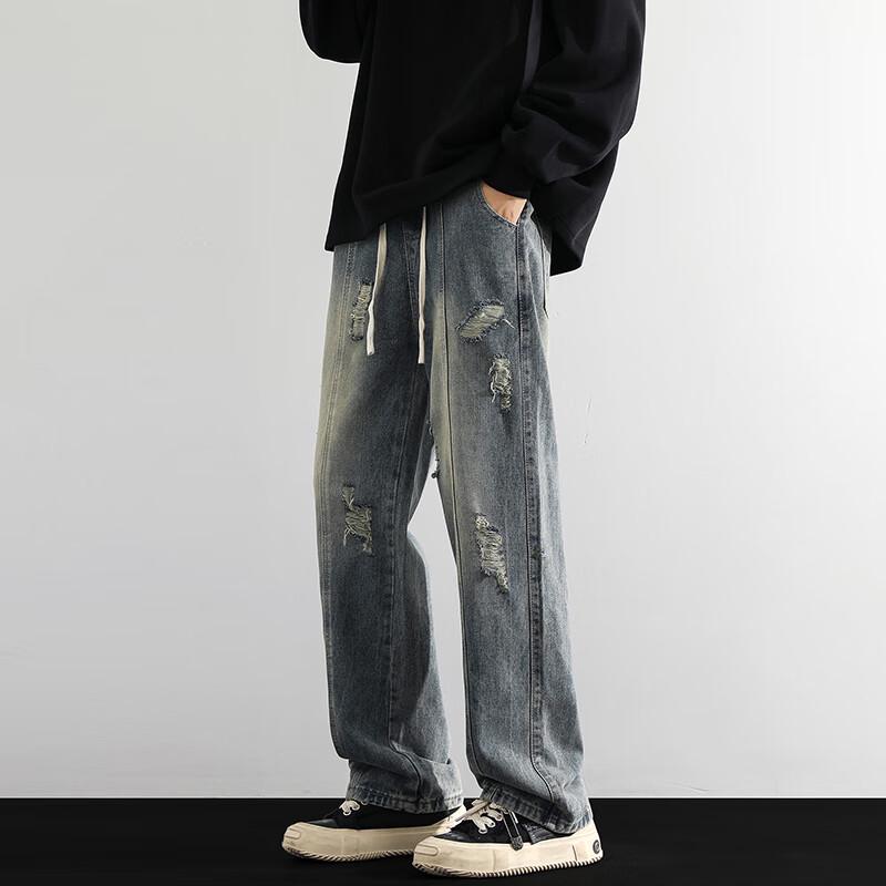 NASA NOAH Men's Retro Ripped Straight-Leg Jeans