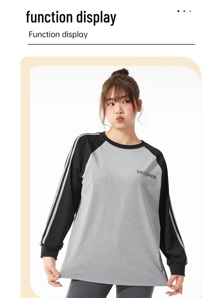Plus Size Yoga Set: Loose Fit Color Block Long Sleeve, Hip-Covering Quick Dry for Running & Tennis.