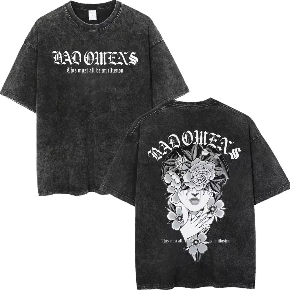 Vintage Washed Bad Omens Rock Band T-shirts Gothic Fashion Short Sleeve T-shirt Men Women Casual Loose Cotton T Shirt Streetwear