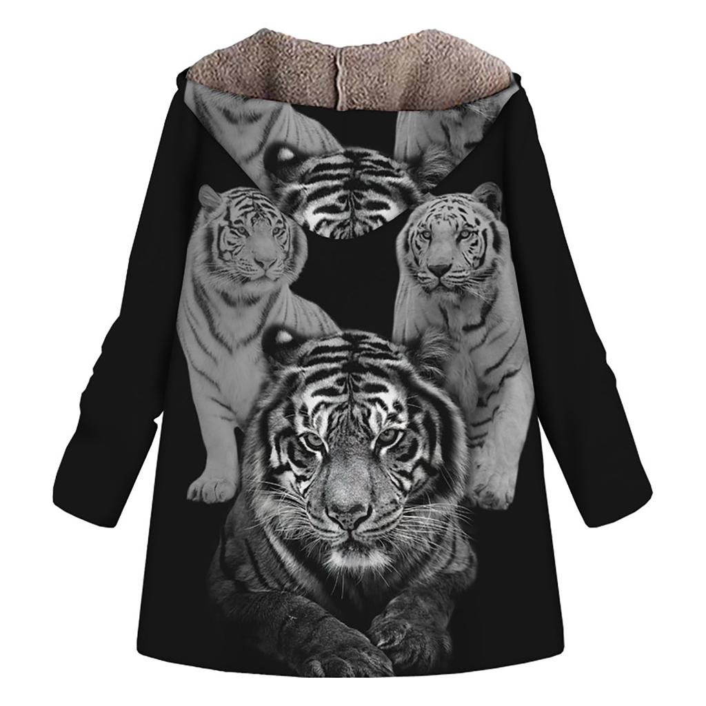 Palton de damă ocazional, cu imprimeu mare, cu fermoar, cu glugă, cu mânecă lungă, cu buzunare, iarnă