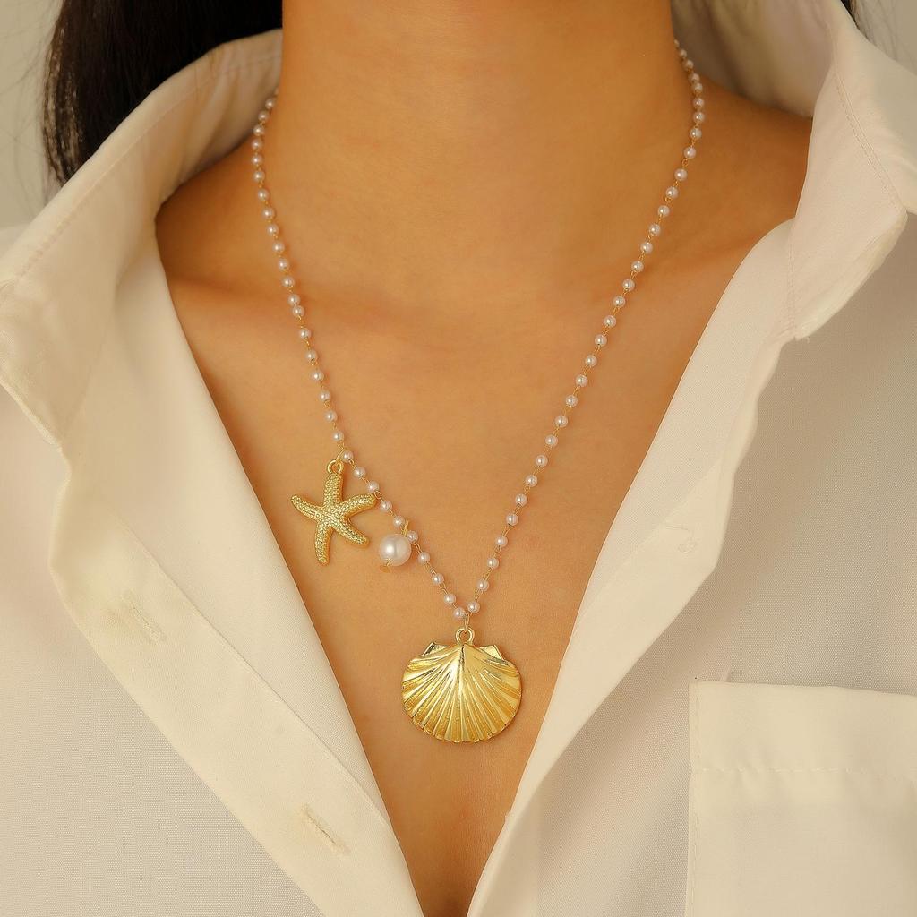 Set Collana e Bracciale Estivo Bohemien con Stella Marina, Conchiglia e Perle