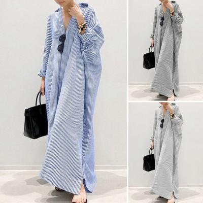 Women Dress Shirt Type Striped Print Lapel Long Sleeve Loose Single-breasted Split Hem Plus Size