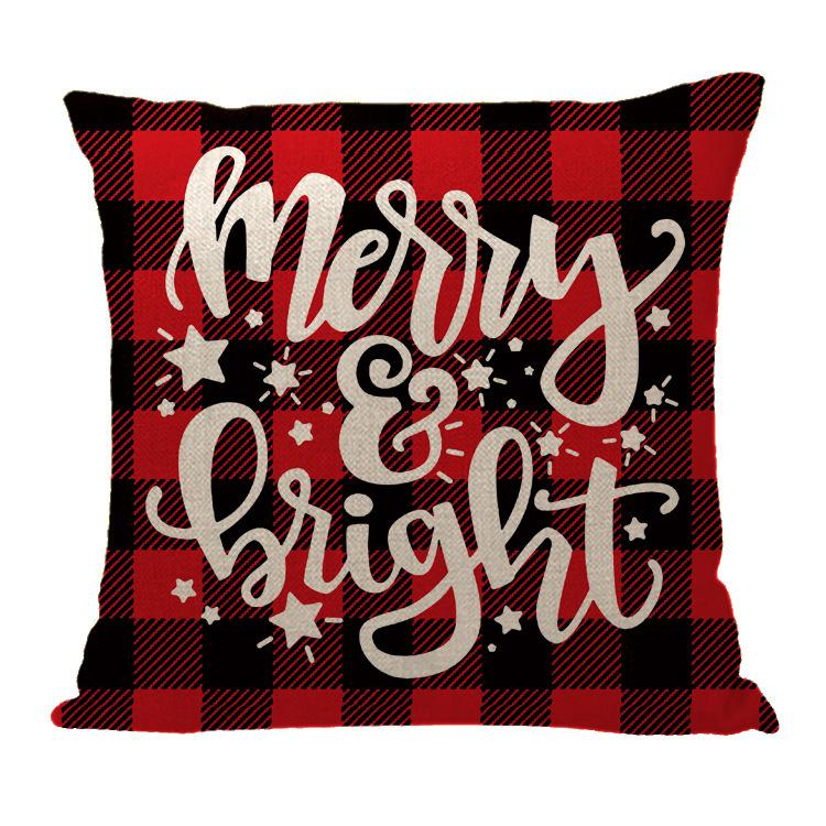 Red Plaid Sofa Linen Christmas Pillow Cover Reindeer Snowflake Home Cushion Cover
