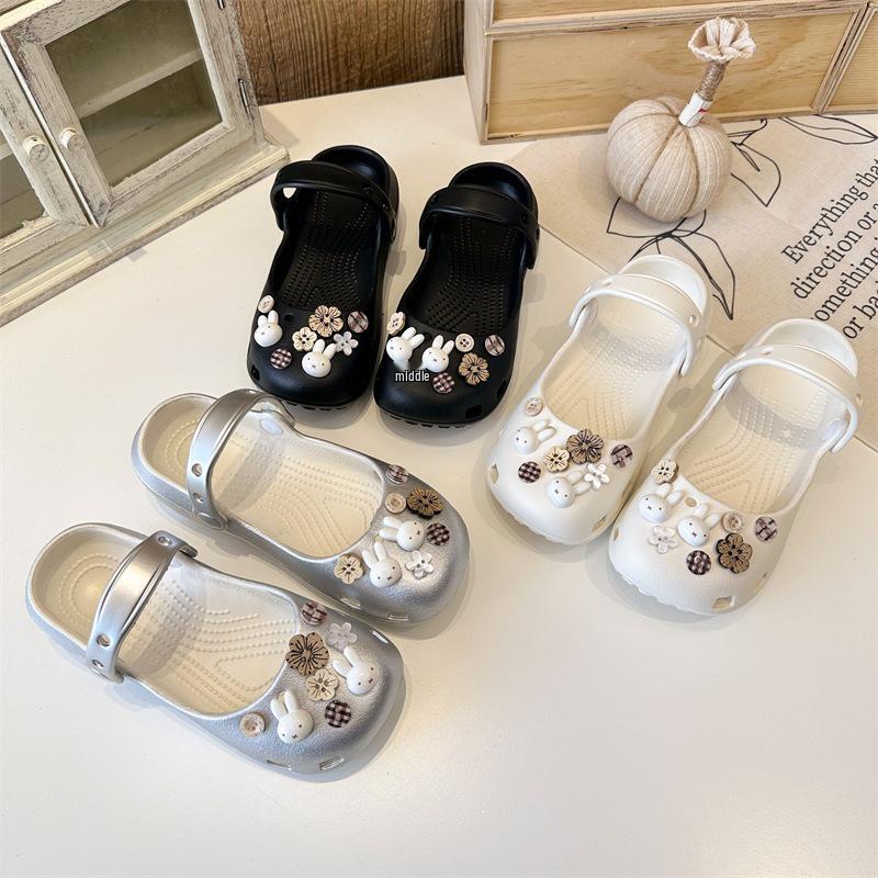 Cute 2026 Mary Jane Bunny Slippers: Stylish Low-Cut Summer Girls' Closed-Toe Shoes for Outdoor Fun