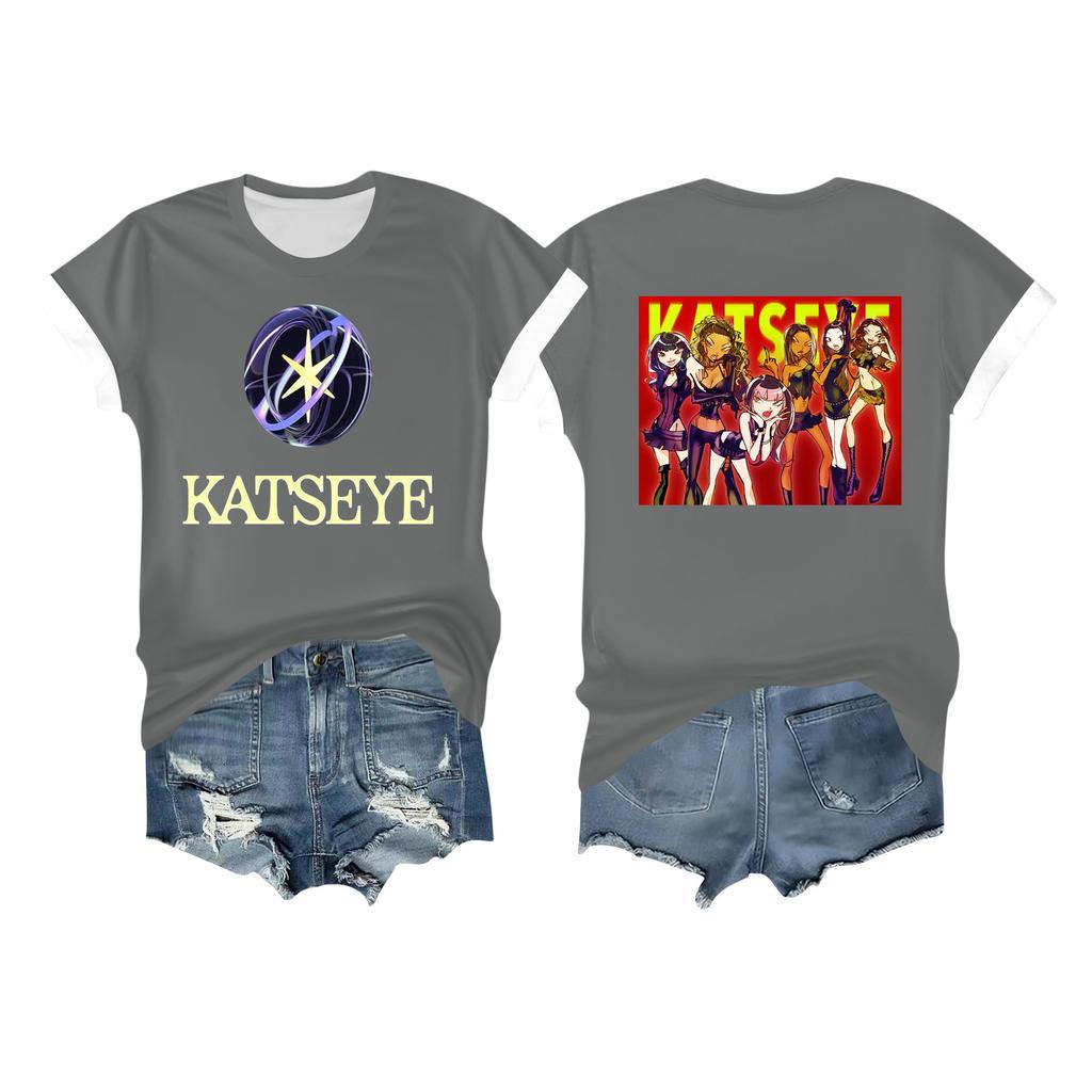 Kvinners avslappet trykket t-skjorte rund hals genser kort ermet topp