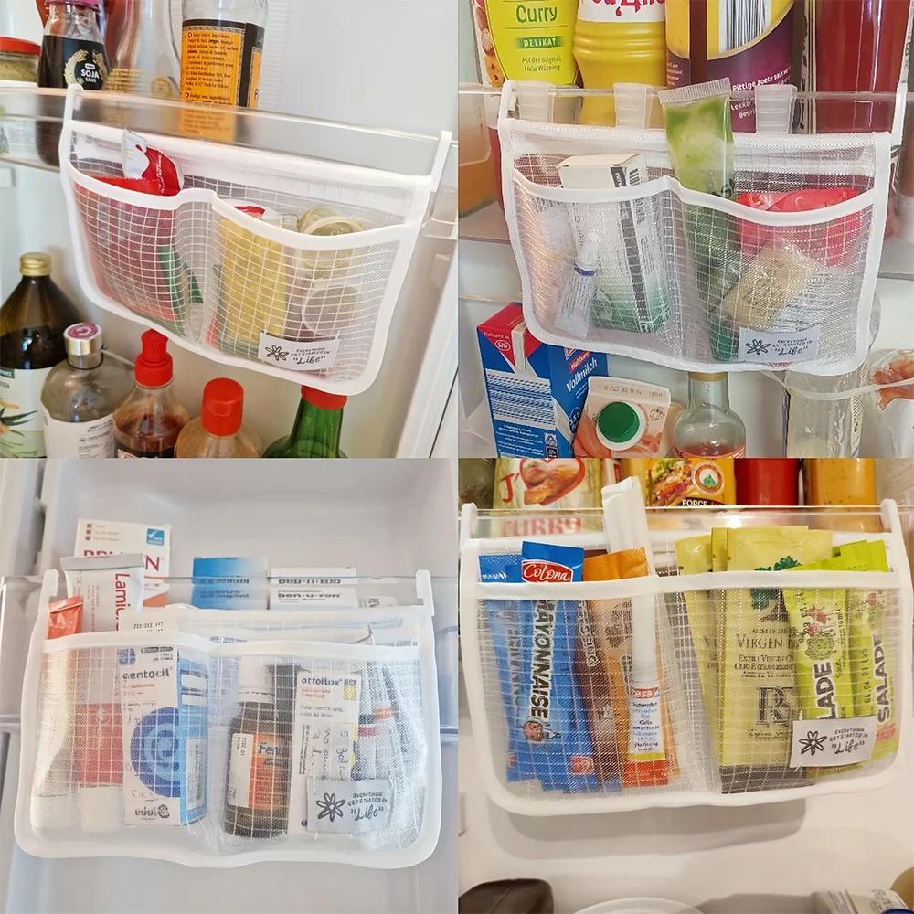 1pc-Refrigerator Storage Mesh Bag Hanging Household Classification Storage Bag Double Compartment Storage Hanging Bag
