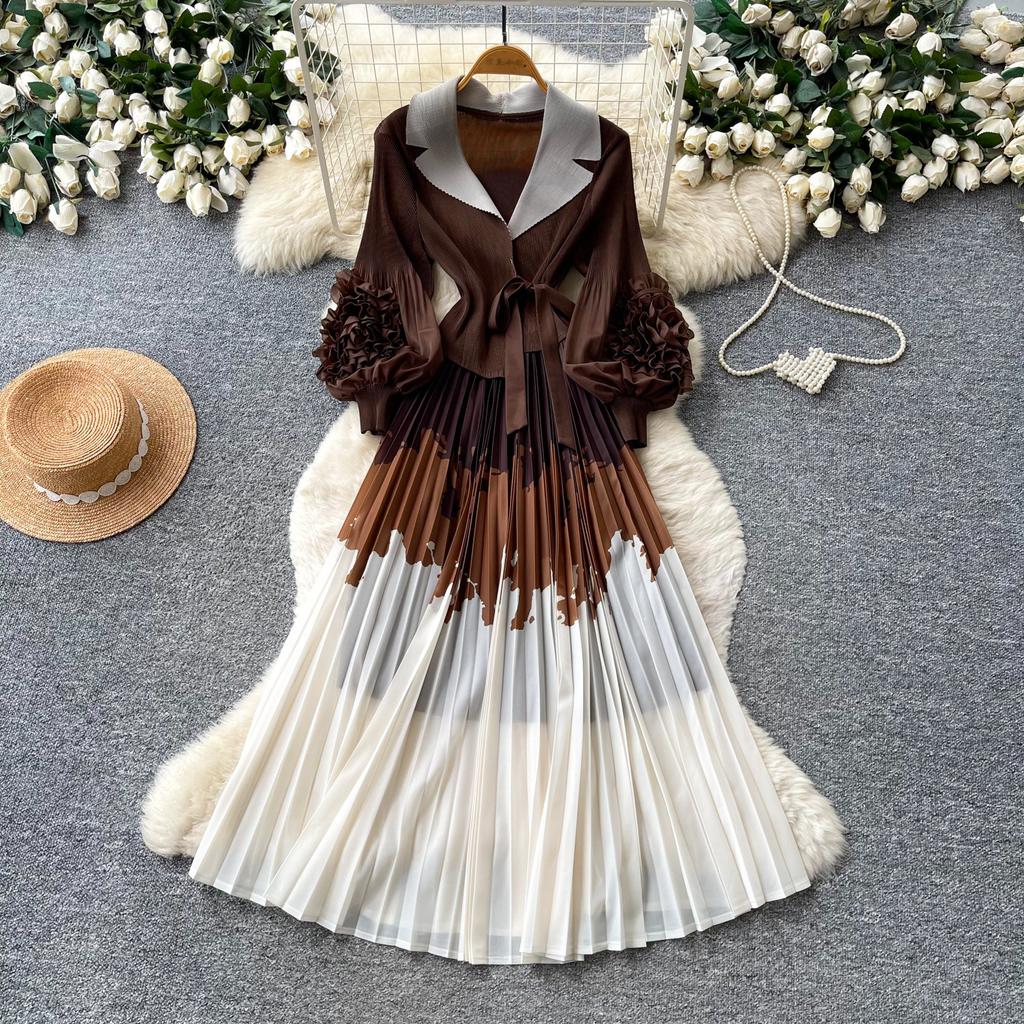 Commuter suit collar flower splicing dress women slim and thin pleated long dress high-end pleated knee skirt