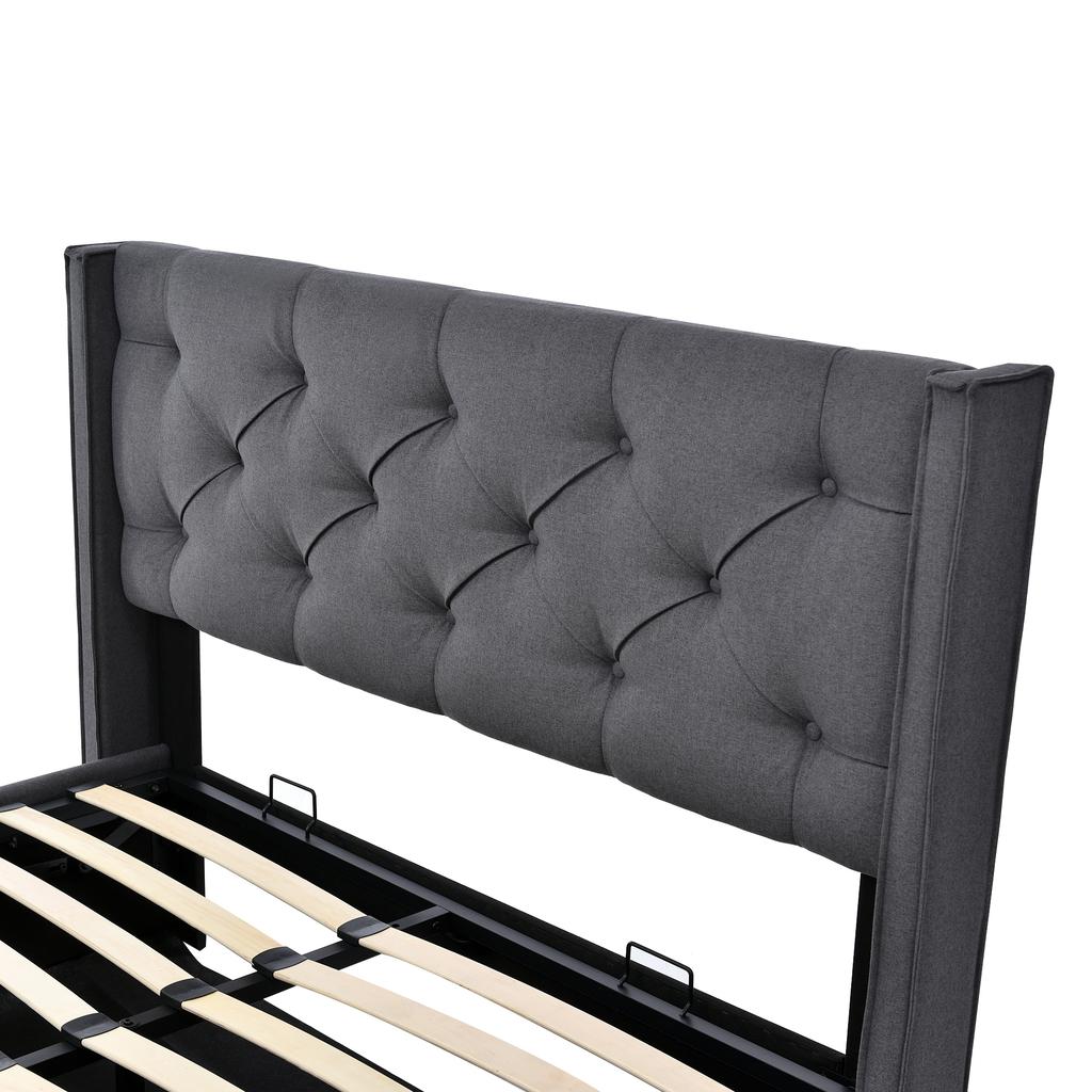 Hydraulic Double Bed, Upholstered, 140x200cm, Metal Slatted Frame, Modern, Storage Space, Cotton, Grey (With Mattress)
