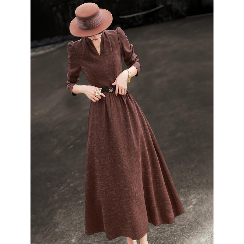 Lanseer Elegant V-Neck Long Sleeve Midi Dress XL