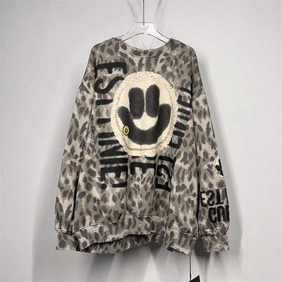 Extragroßer Herbst Smiley Leopardenmuster Pullover für Damen