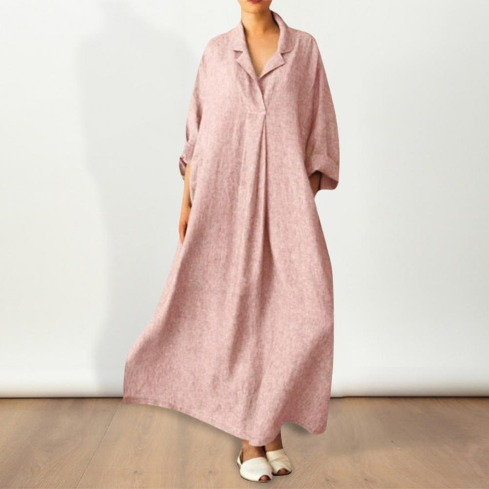 Autumn Spring Women Maxi Dress A-line Relaxed Fit Hem Long Sleeves V-Neck Pleated with Side Pockets Pullover Pure Color Daily Wear Dre