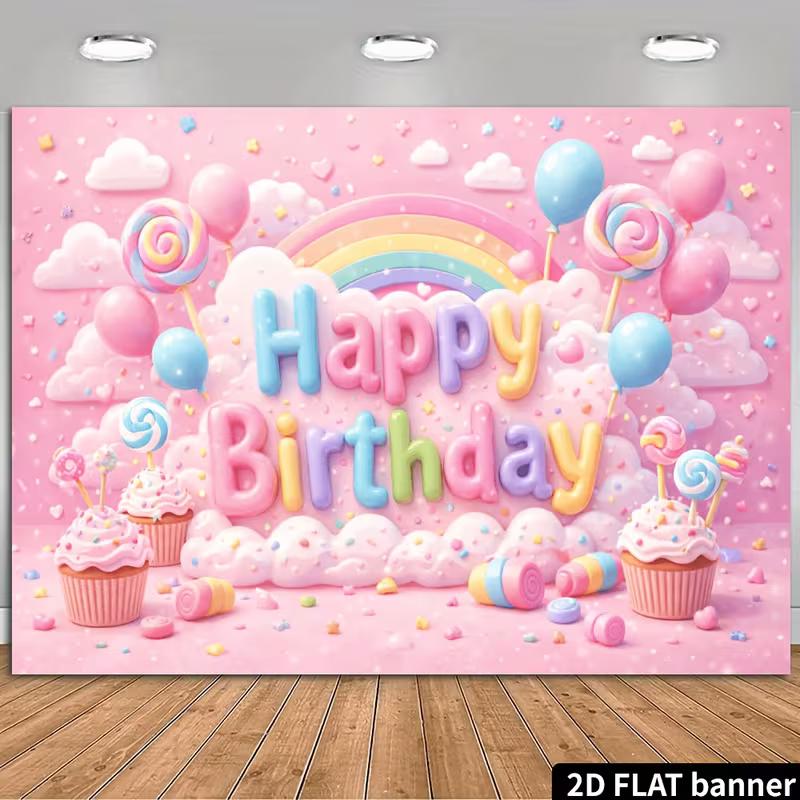 2D Flat Sweet Candy Birthday Banner Pink & Pastel Themed Backdrop with Lollipops, Candies & Balloons