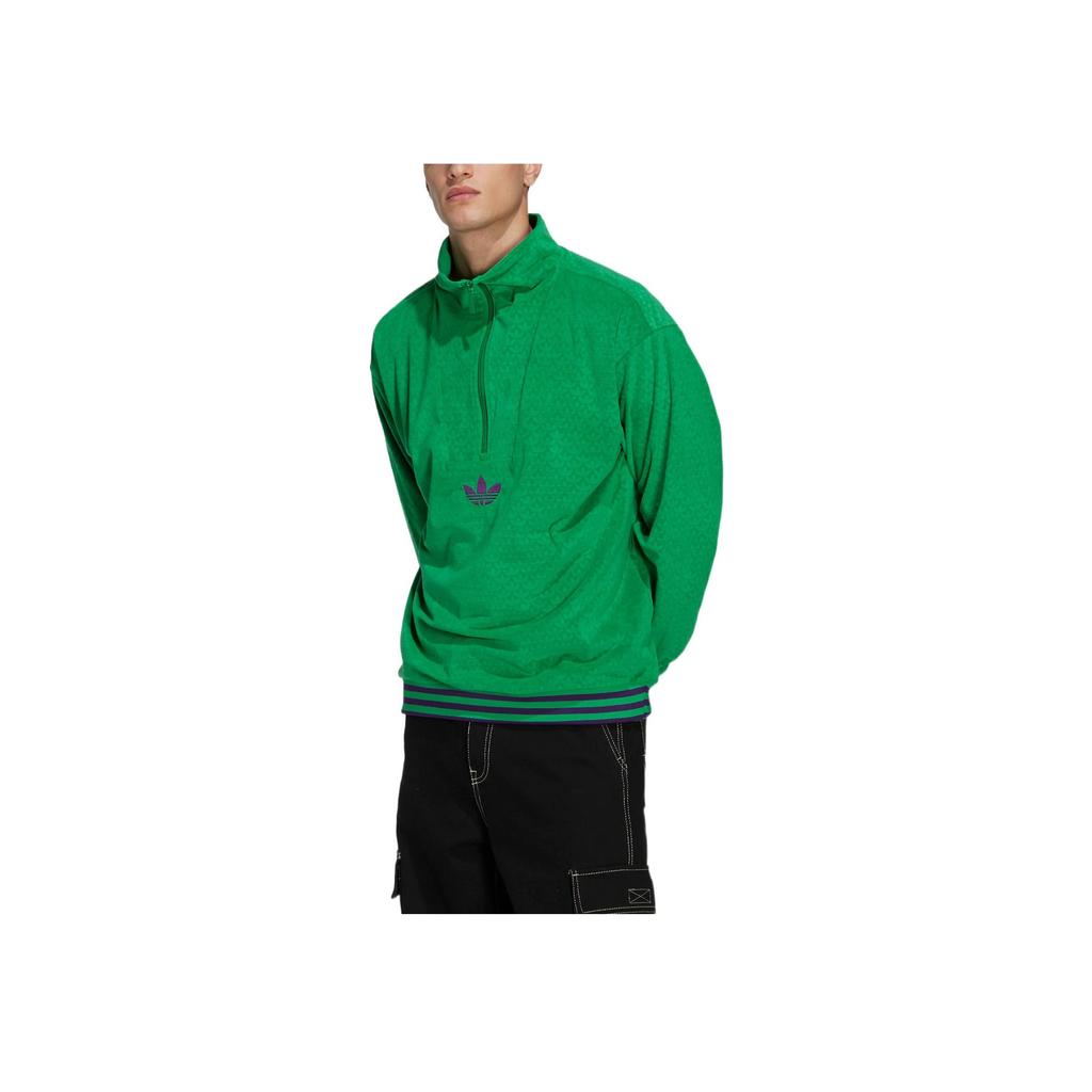 Adidas Originals Funnel Velour Logo All-Over Print Stand Collar Half-Zip Long Sleeve Sweatshirt Men Sweatshirt Green IB3420