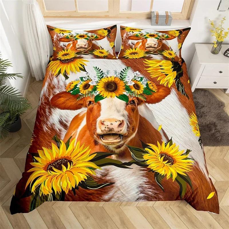 Comforter Sunflower Highland Cow Western Farm Animal Bedding Set Cowhide Comforter Microfiber Twin King Queen Bedclothes