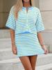 Women's Striped Knit 2 Piece Outfit Short Sleeve Button Cardigan and Mini Skirt