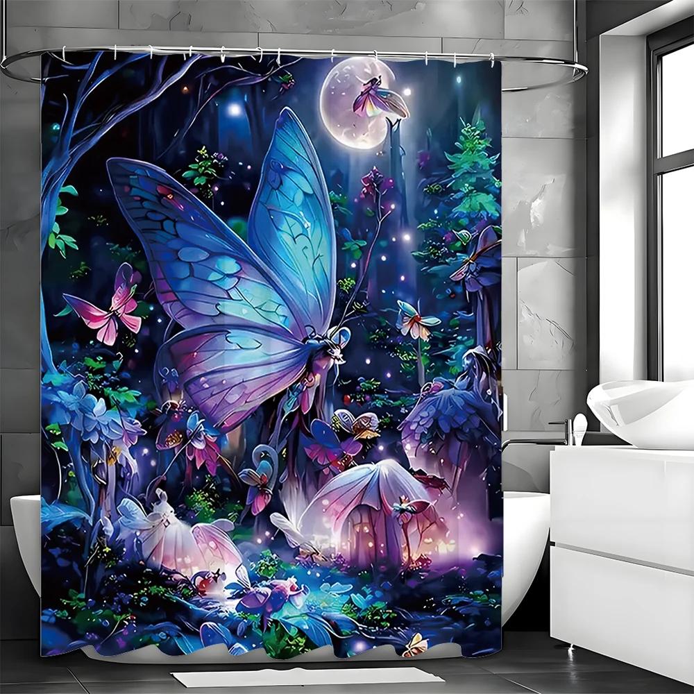 Enchanted Forest Butterfly Plant Shower Curtain, Bathroom Decorative Shower Curtain, Waterproof Shower Curtain With Hooks