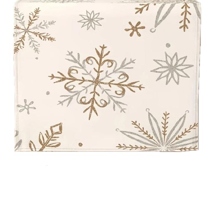 Snowflake Winter Table Runner Tablecloth in White Gold Linen for Seasonal Christmas and Holiday Table Setting Decoration