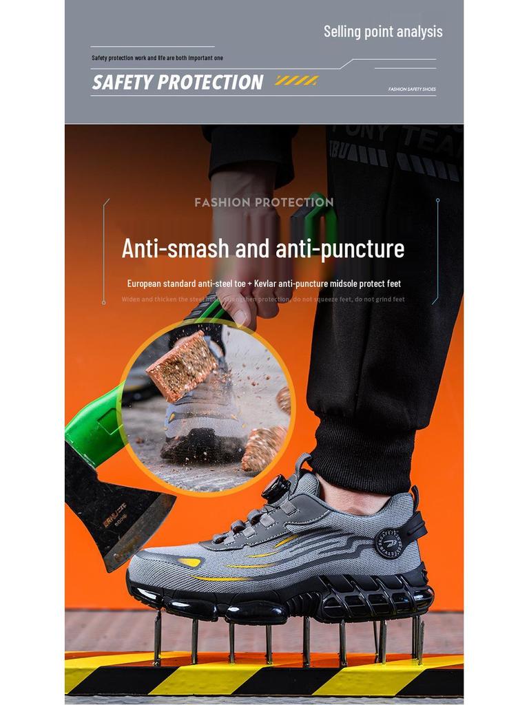 Men's Fly-Knit Safety Shoes: Anti-Smash, Anti-Puncture, Breathable, Lightweight, Comfortable, Wear-Resistant with Soft Sole and Button Closure.