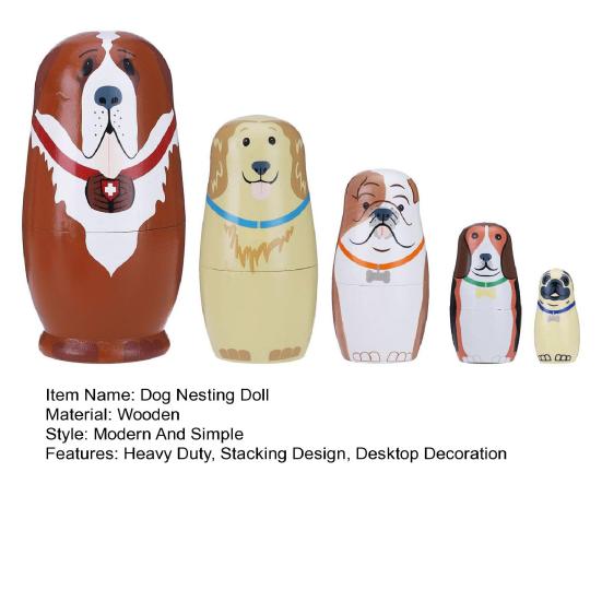 5Pcs/Set Dog Russian Nesting Doll 5 Layers Handmade Wooden Matryoshka Puppy Stacking Toy Home Office Desktop Decoration Ornament