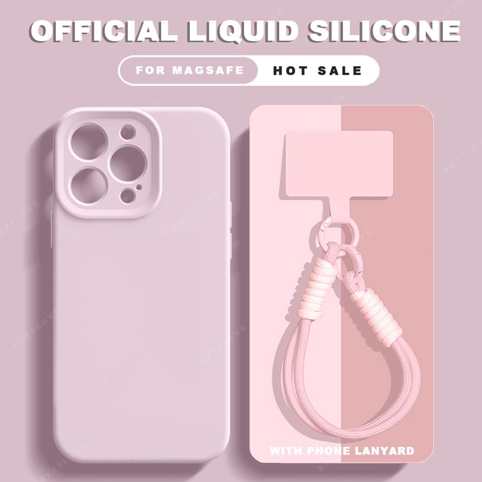 

Чехол для телефона из жидкого силикона с магнитом и шнурком для iPhone 16E 16 15 14 Plus 12 13 16 Pro Max Magsafe Защитная крышка с ремешком на запястье For iPhone 14 Pro