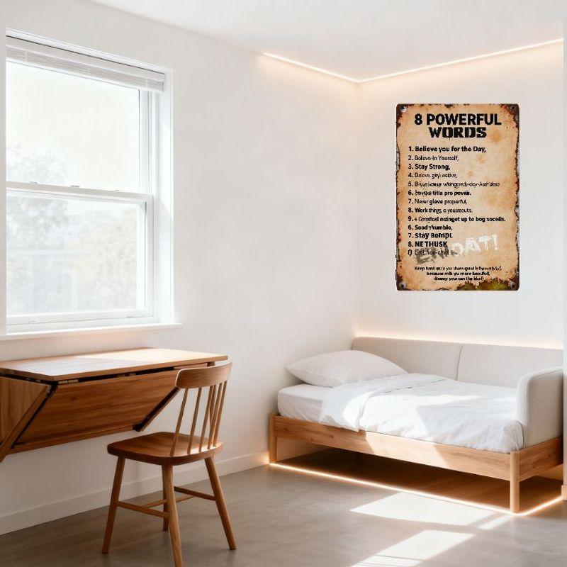Vintage Rusty Metal Sign '8 POWERFUL WORDS' Distorted Words Inspirational Retro Wall Decor for Home Bar Man Cave Cafe Art Aged C
