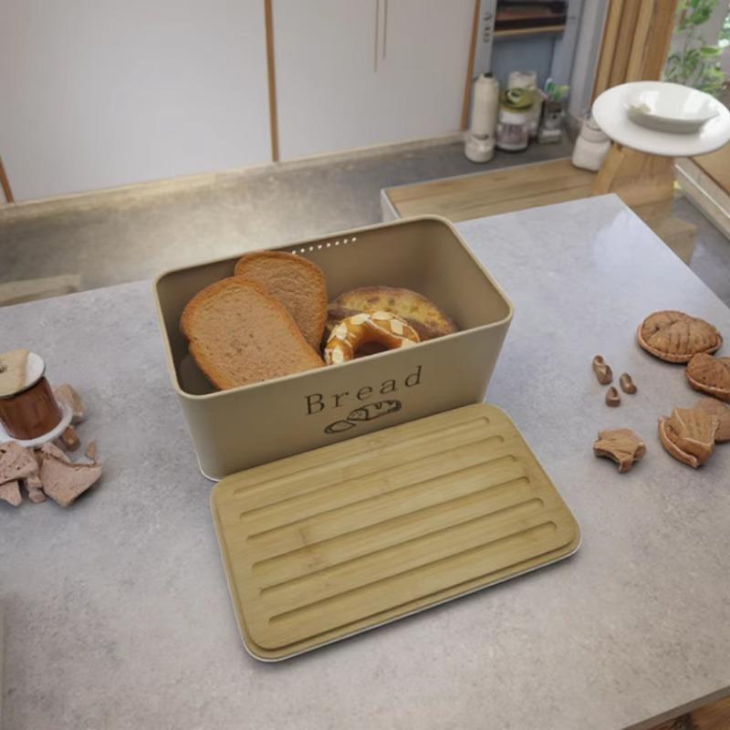 Einfache quadratische Metall-Brotbox, atmungsaktiver und frischhaltender Aufbewahrungsbehälter für die Küche, braune und rote Bambusdeckel-Brotaufbewahrungsbox.