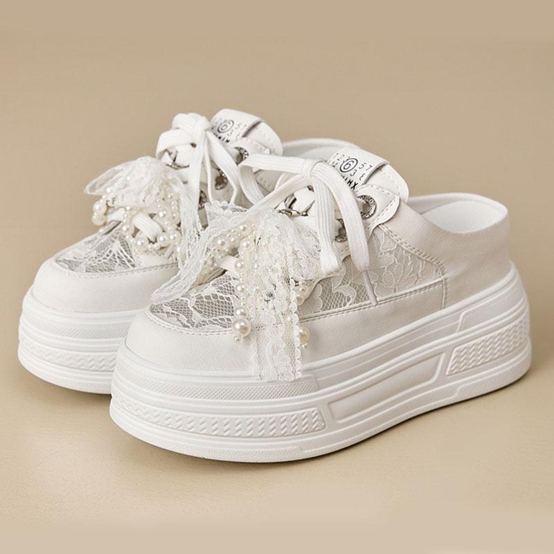 Comemore Summer New Heightening Sneakers Baotou Half Slippers Outside Wear Thick Bottom Leisure Lace Lace Up Board Shoes