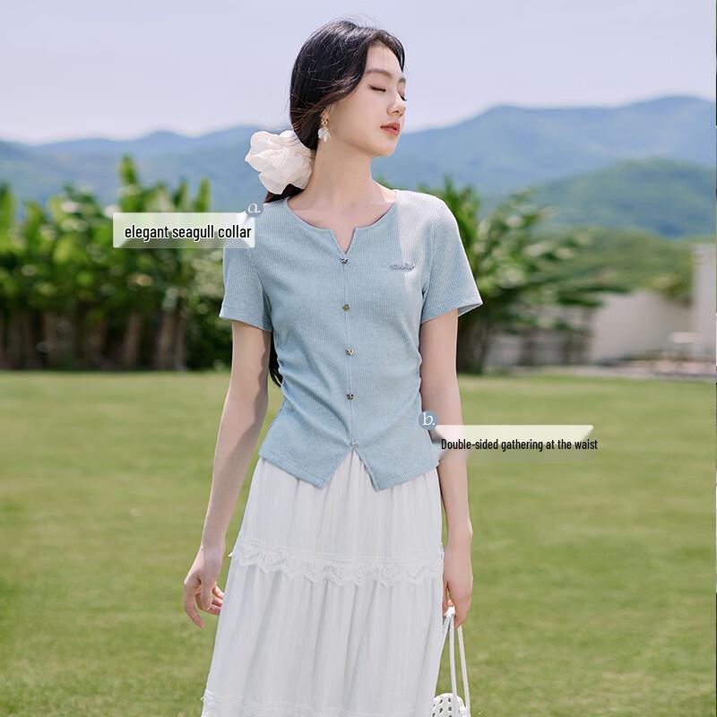 Xiangying Light Blue V-Neck Slit Hem Short Sleeve T-Shirt