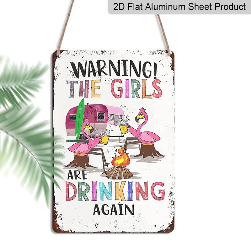 

2D Flat 1pc Warning Girl Again Humorous Aluminium Sign - | Retro Style Wooden Wall Decoration with Pink Flamingo and Camper Van Scene | Perfect for 20*30cm