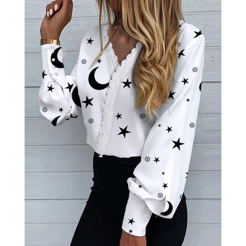 JKASHDK Women's Fashion Casual Spring Autumn Star Print Long Sleeve V-Neck Blouses & Shirts