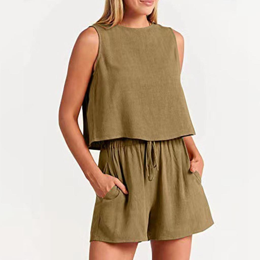 Women's Two-Piece Summer Linen Suit Sleeveless Round Neck Short Vest Wide Leg Casual Shorts Suit