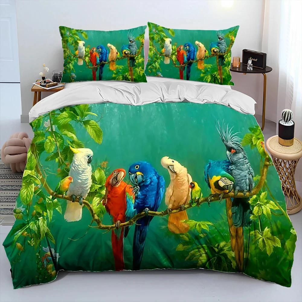 Colorful Parrot Macaws Birds Comforter Bedding Set,Duvet Cover Bed Set Quilt Cover Pillowcase,King Queen Size Bedding Set Adult