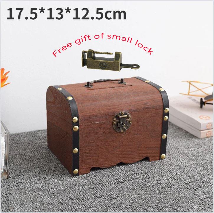 Box Wooden Treasure Bank Storage Chest Piggy Wood Vintage Money Coin Lock Boxes Jewelry Saving  Pirate Organizer Decorative Gift