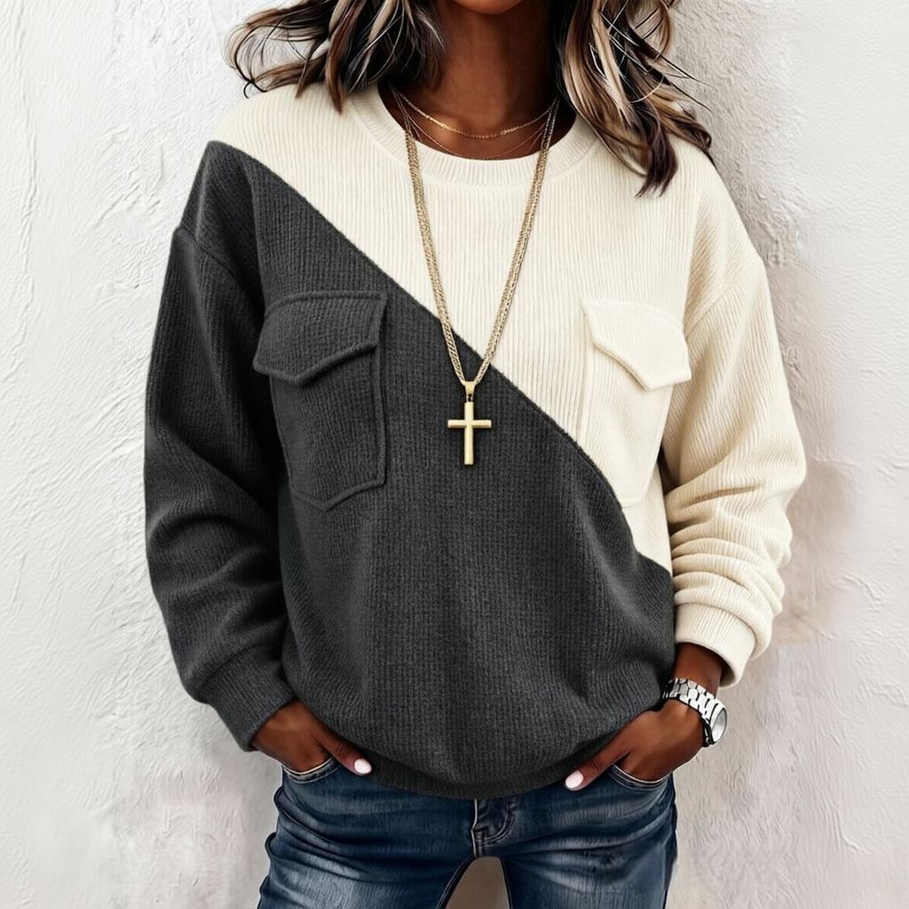 Women's Color Block Long Sleeve Casual Cargo Pocket Sweatshirt