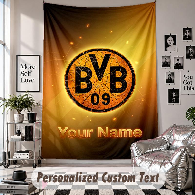 Tapiserie de agățat pe perete cu nume și text personalizate, Tapiserie decorativă Borussia Dortmund pentru dormitor