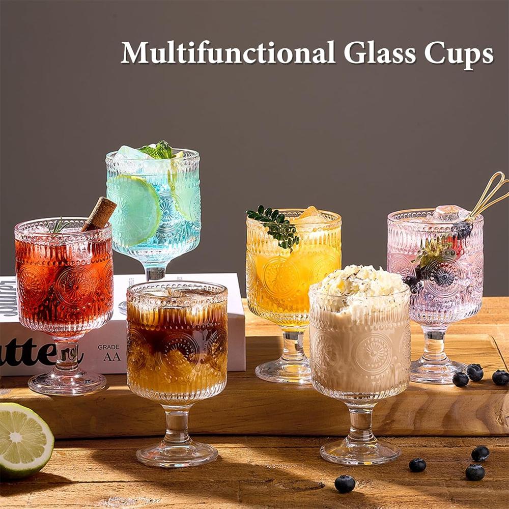8 Oz Vintage Goblet, Sturdy and Durable with Sunflower Embossed Pattern On The Body Suitable for Ice Tea and Whiskey Parties
