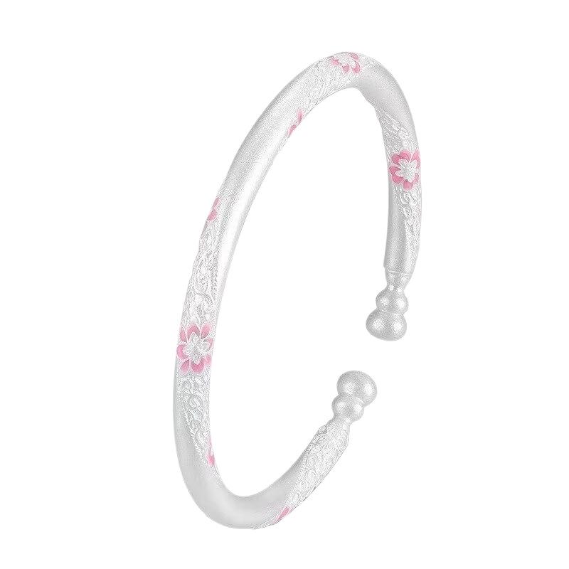 Sterling Silver 9999 Enamel Gourd Flower Twisted Bangle for Women - New Chinese National Style Bracelet