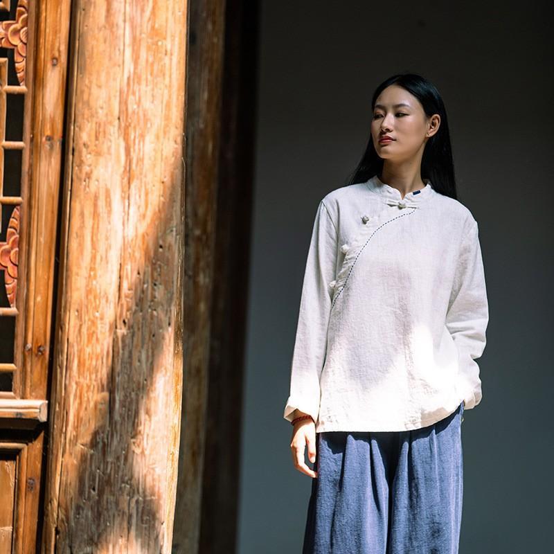 Höst T-shirts med kinesisk design för dam Andningsbar Dam Bomull Linne Skjorta Blus Kinesisk Traditionell Hanfu Blus