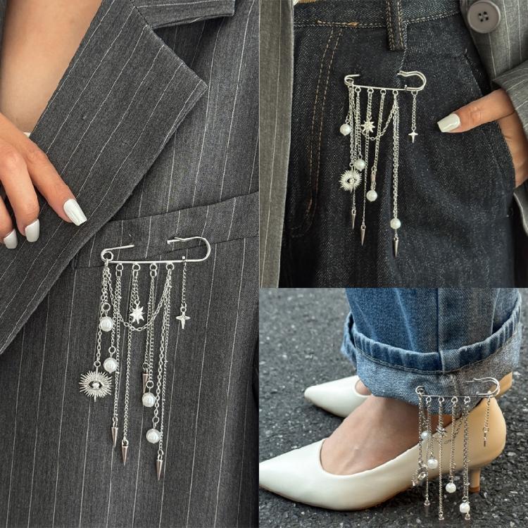 Rhinestones Pearls Brooch With Removable Alloy Chain For Pants Decoration And Fashion Accessories