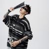 Unisex Mohair Round Neck Color Block Stripe Sweater - Autumn/Winter Casual Loose Fit