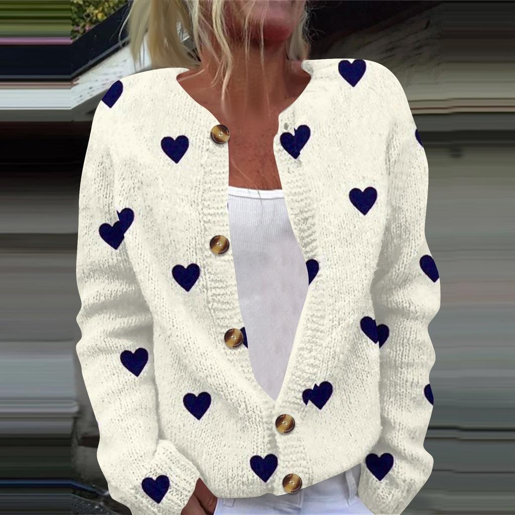 Women's Fashion Printed Valentine's Day Long Sleeved Knitted Cardigan Button Down Jacket