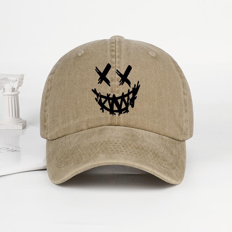 

Graffiti CrossEyed Grinning Face Print Washed Baseball Cap Soft Comfortable Lightweight Breathable Dark Quirky Street Style